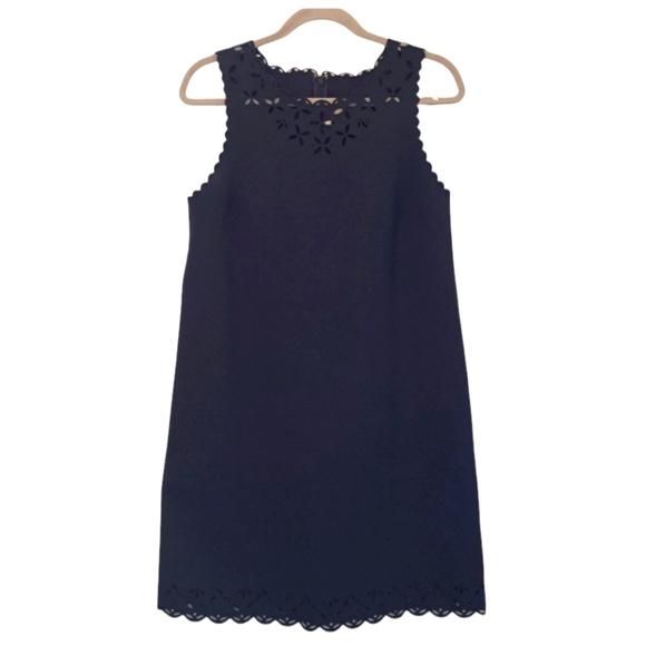 J. Crew Laser Cut Scalloped Navy Blue Shift Dress Size 10 - Picture 1 of 9